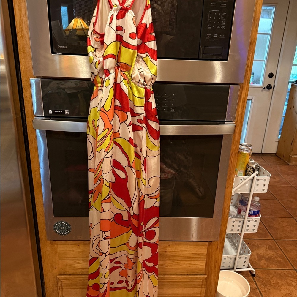 Vintage Y2K XOXO Colorful Satin Abstract Print Halter‎  Maxi Dress Size Small